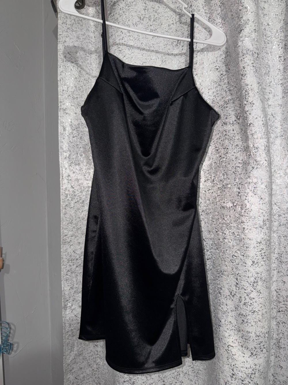 Fashion Nova Black Satin Mini Slip Dress with Side Slit